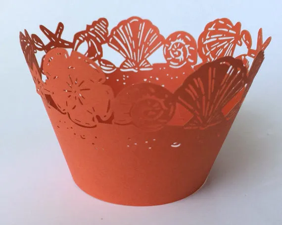 12 pcs Orange Coral Seashells Cupcake Wrappers