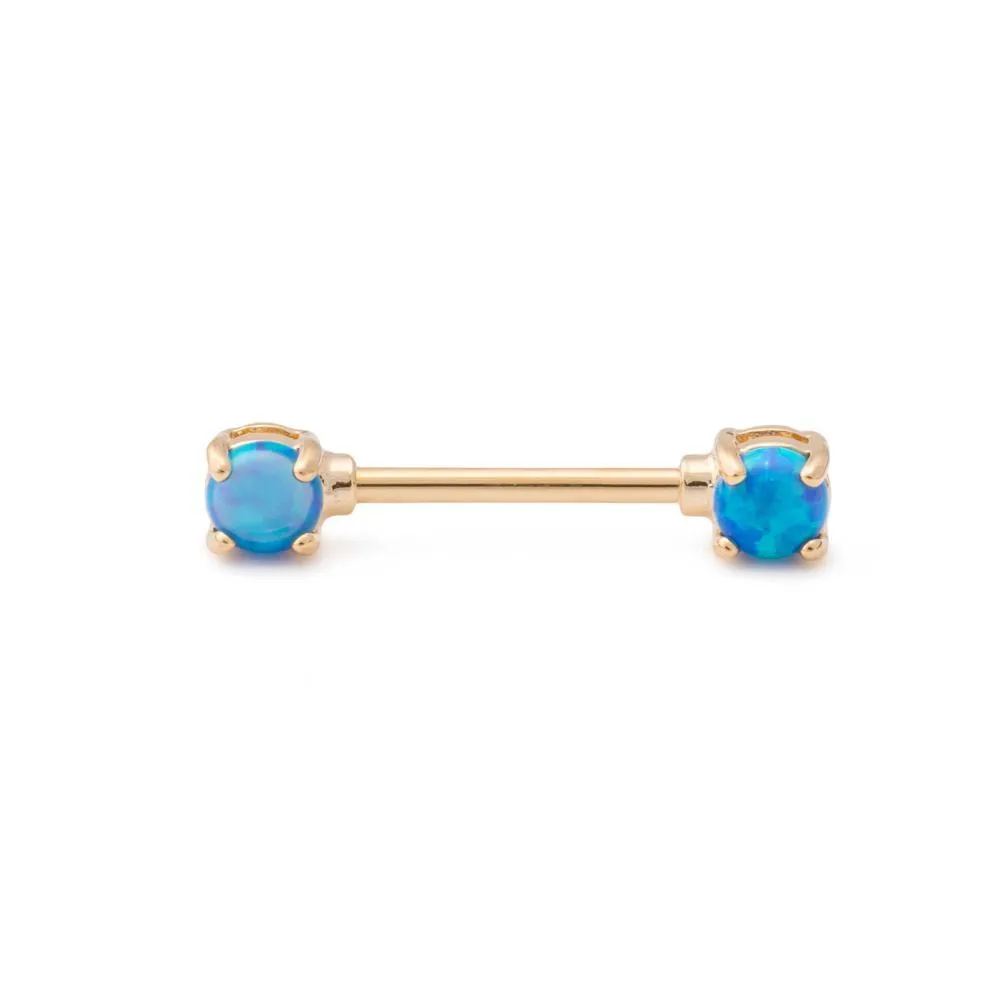 14g 9/16” Gold-Plated Straight Barbell Nipple Ring with Opal Ends — Price Per 1