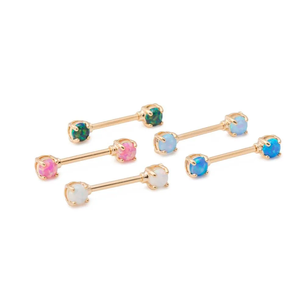 14g 9/16” Gold-Plated Straight Barbell Nipple Ring with Opal Ends — Price Per 1