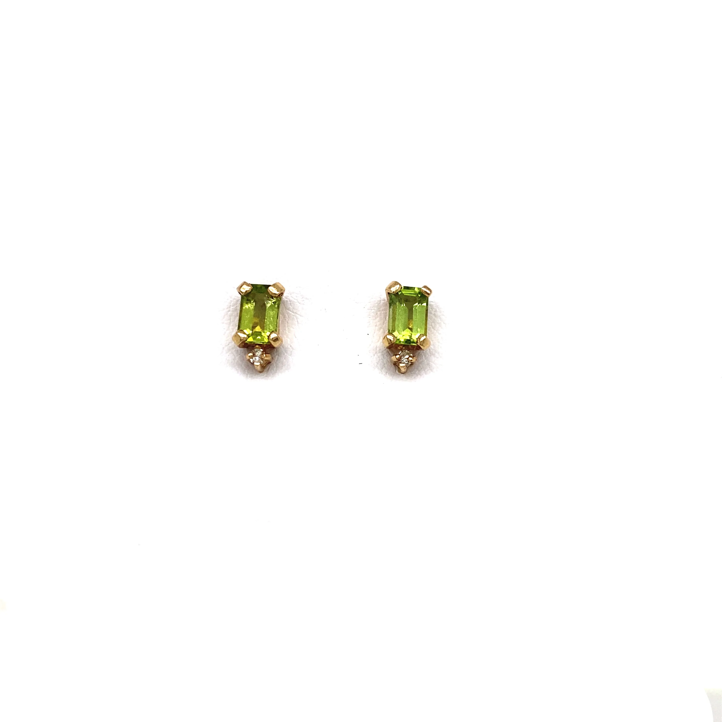 14k 1ct Emerald Cut Peridot Studs with 0.02ct Diamond Accent