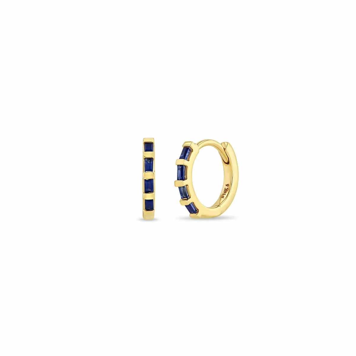 14k Baguette Blue Sapphire Hinge Huggie Hoops