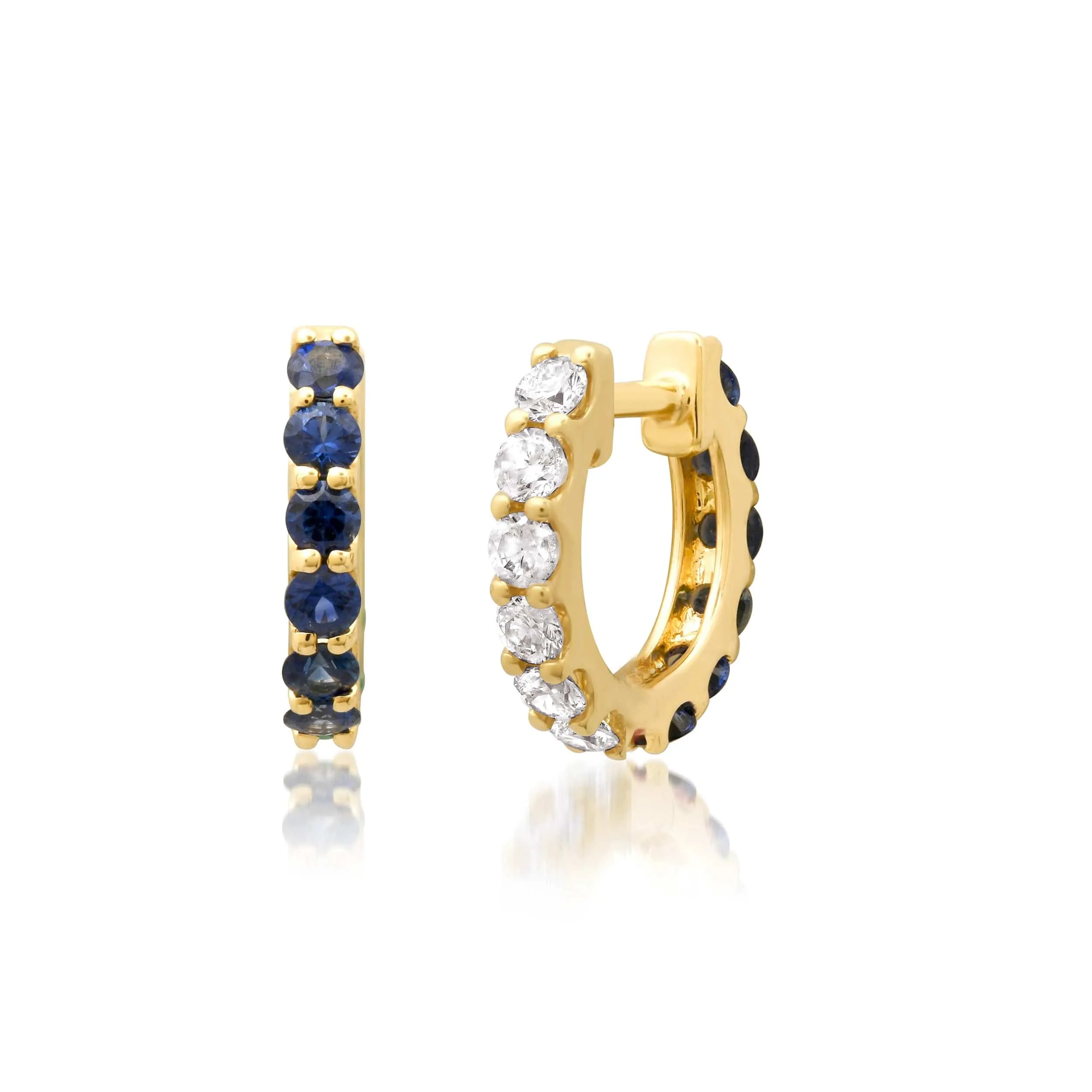 14K Gold Half & Half Blue Sapphire & Diamond Huggie Hoops Earrings