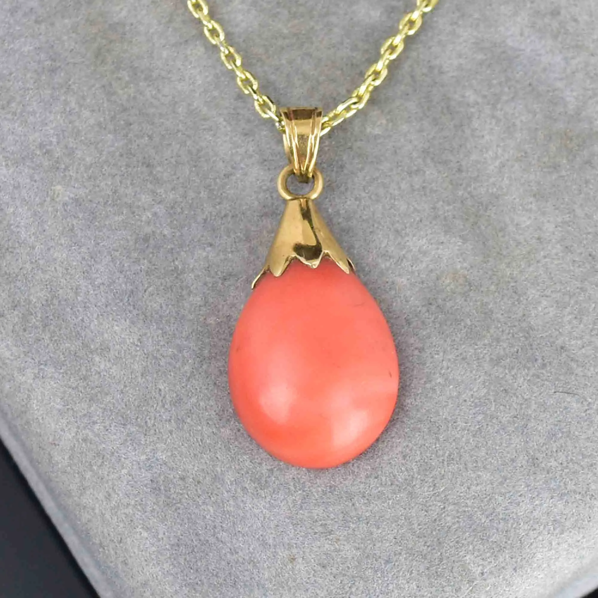 14K Gold Natural Salmon Coral Teardrop Pendant Necklace