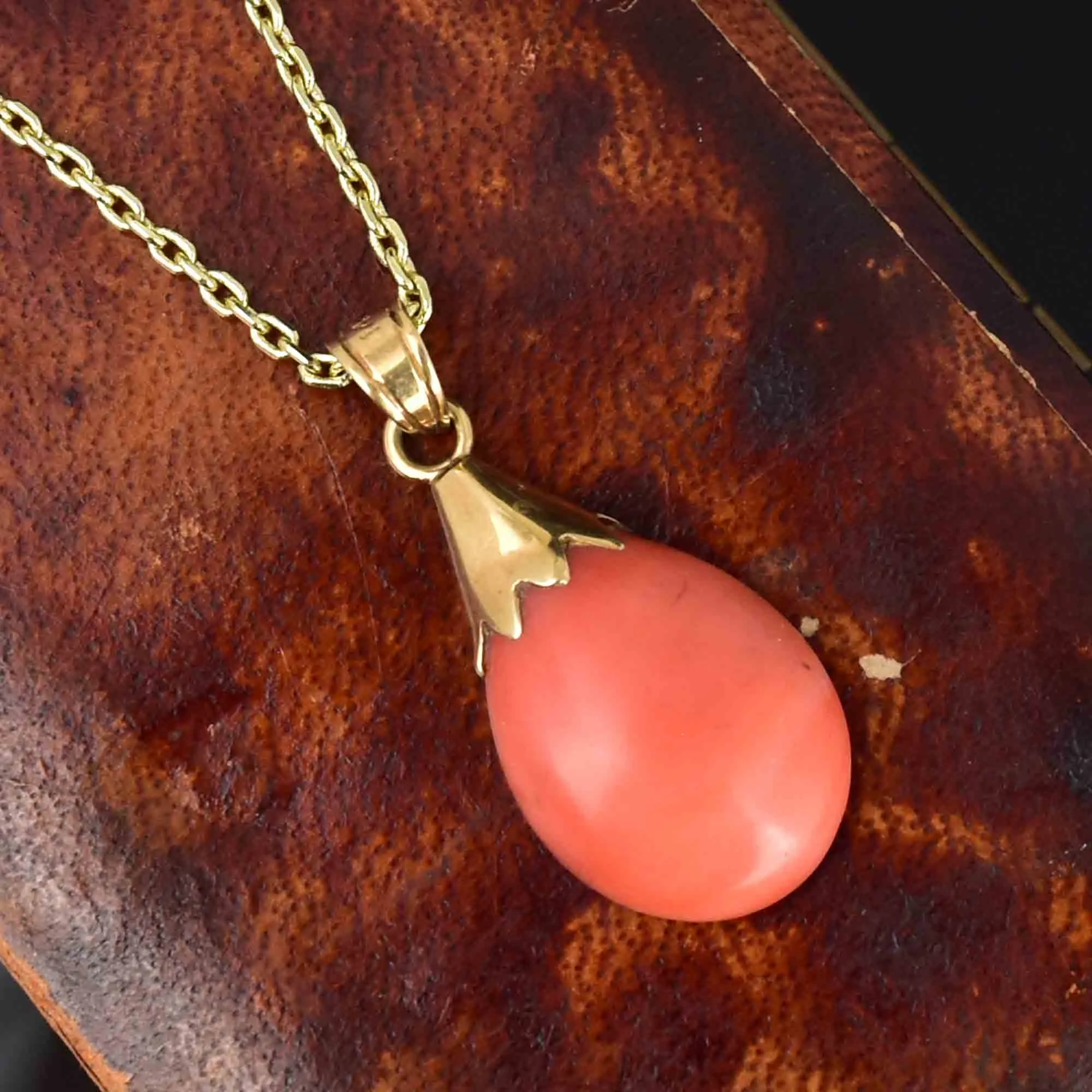 14K Gold Natural Salmon Coral Teardrop Pendant Necklace