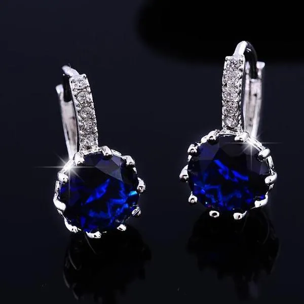 14K Gold Plated Sapphire Blue Color 3.5CTW CZ Solitaire Hoop Earrings for Woman