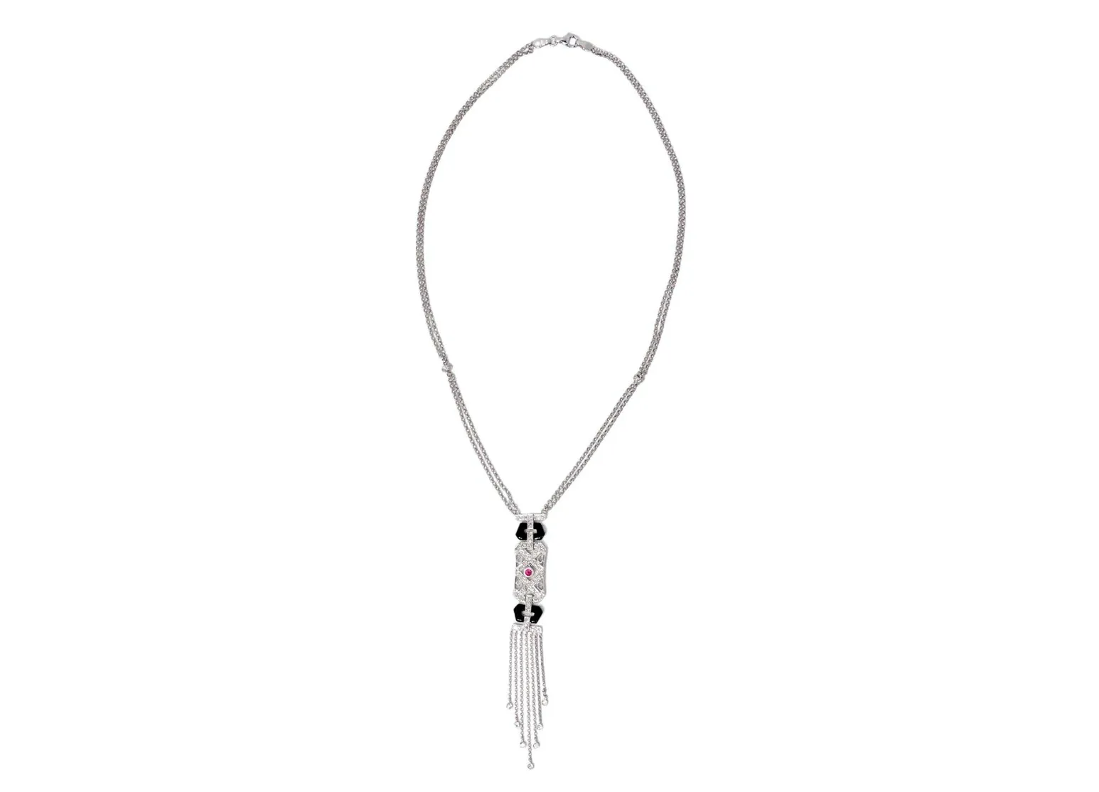 14k White Gold Diamond, Ruby & Onyx Double Drop Chain Pendant Necklace