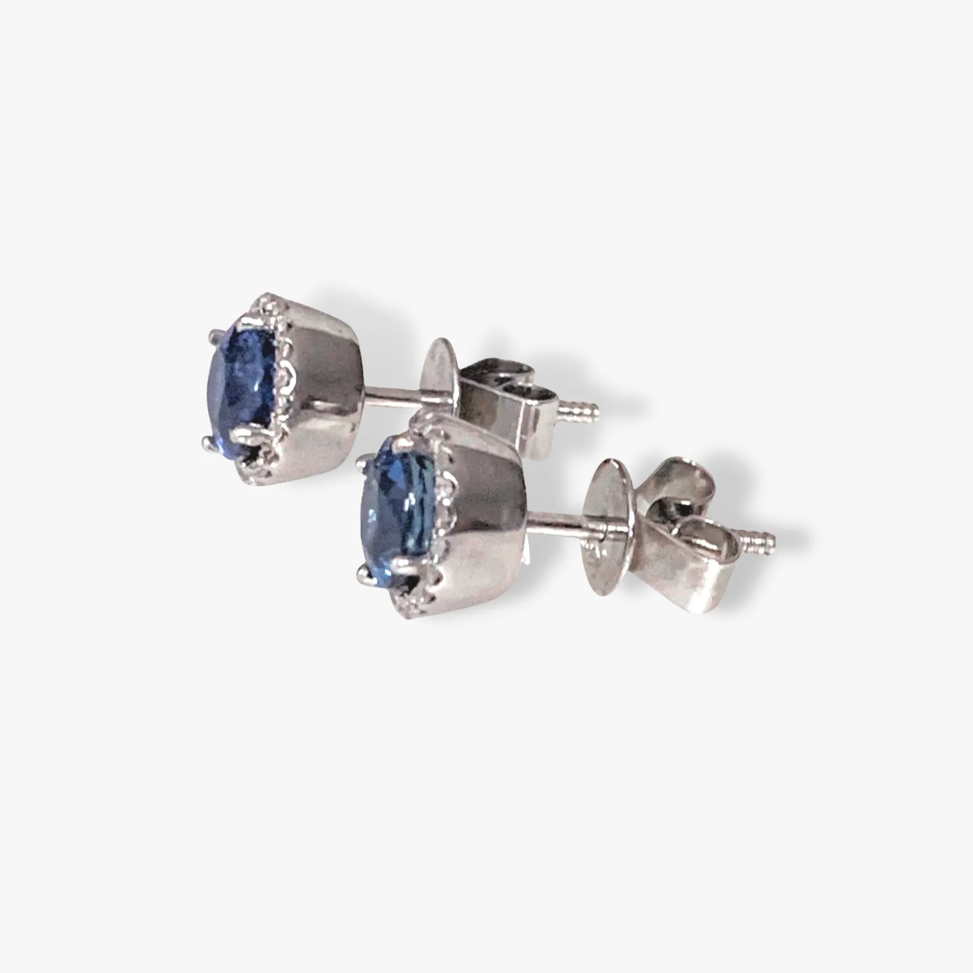 14k White Gold Round Blue Sapphire Diamond Halo Stud Earrings