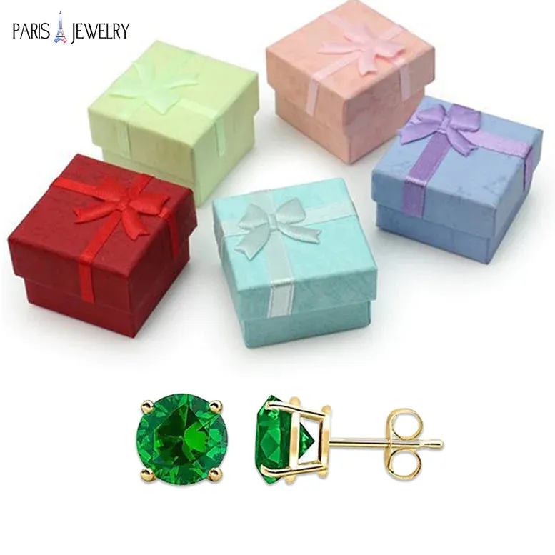 14k Yellow Gold Created Emerald Round Stud Earrings 3mm