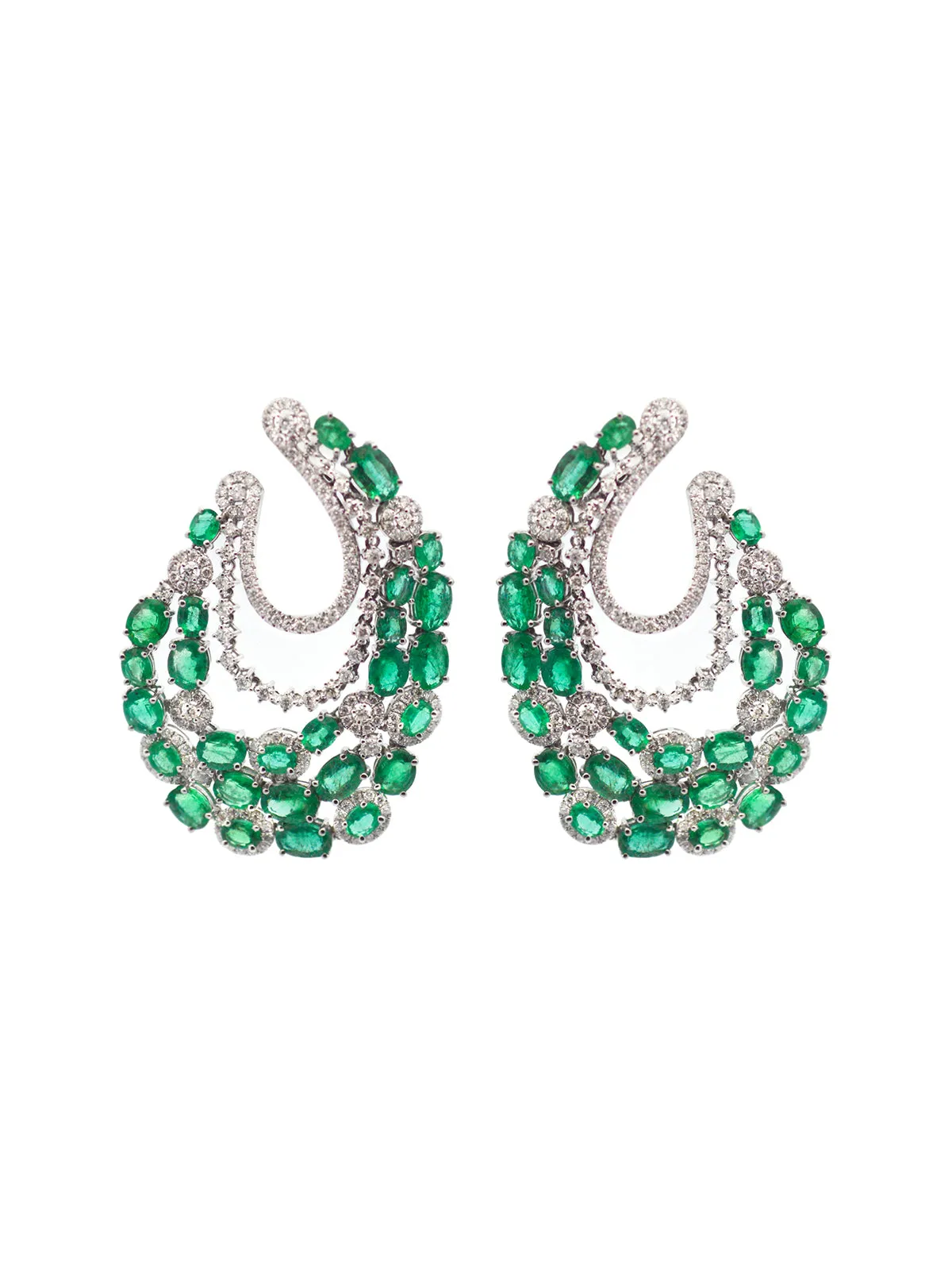 16.1ct Emerald Diamond 18K Gold Cluster Statement Earrings