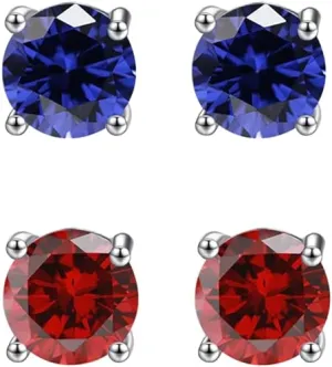 18k White Gold Plated 2Ct Created Blue sapphire and  Ruby 2 Pair Round Stud Earrings