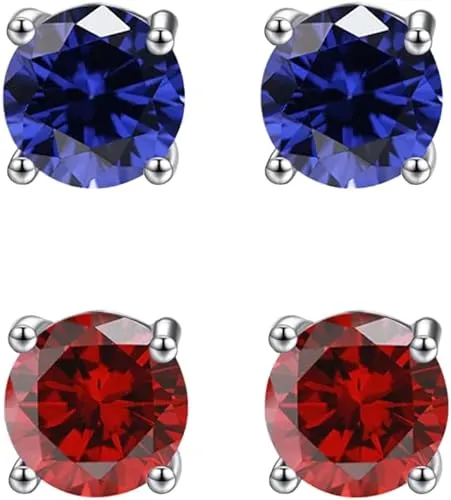 18k White Gold Plated 2Ct Created Blue sapphire and  Ruby 2 Pair Round Stud Earrings