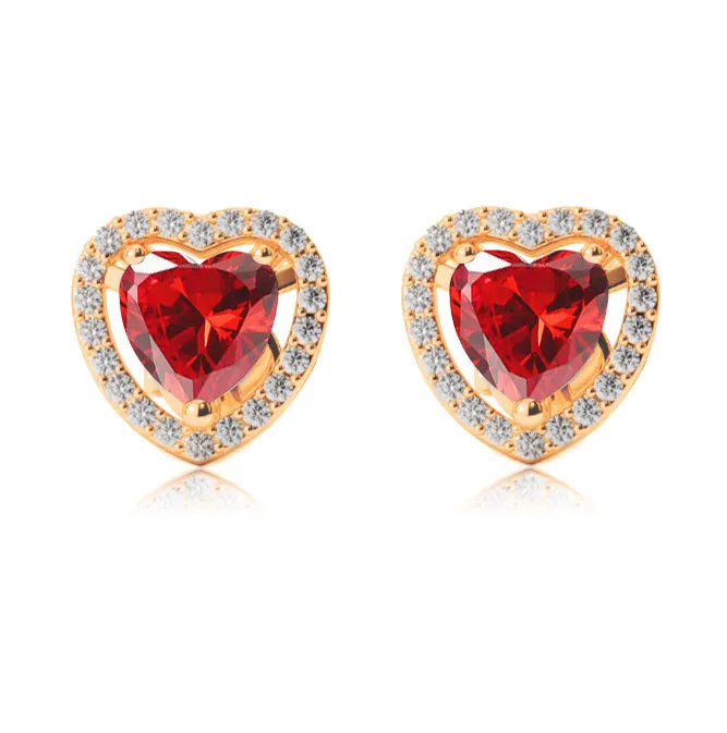 18k Yellow Gold Plated 1/2 Ct Created Halo Heart Ruby Stud Earrings