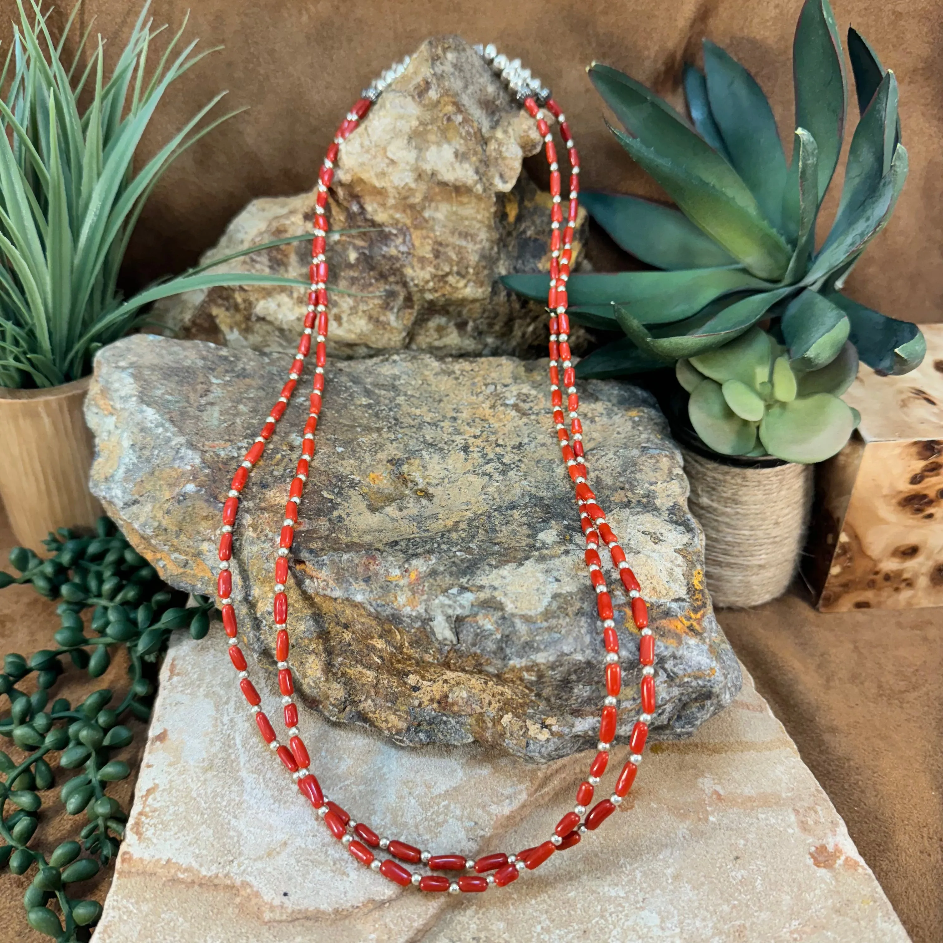 26" Sterling Silver & Red Coral Double Strand Necklace by Leonard Nez