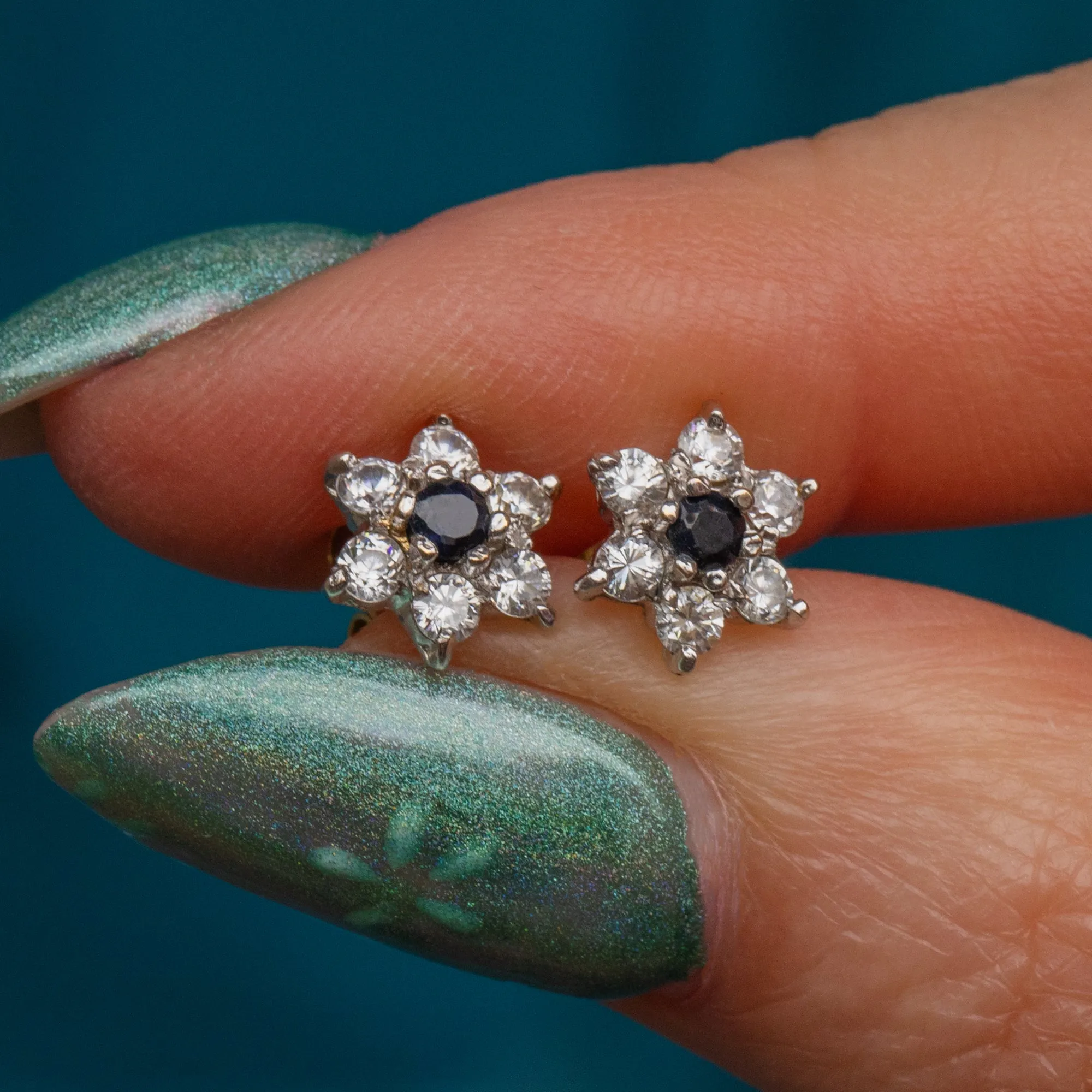 9ct White Gold Sapphire Flower Cluster Stud Earrings