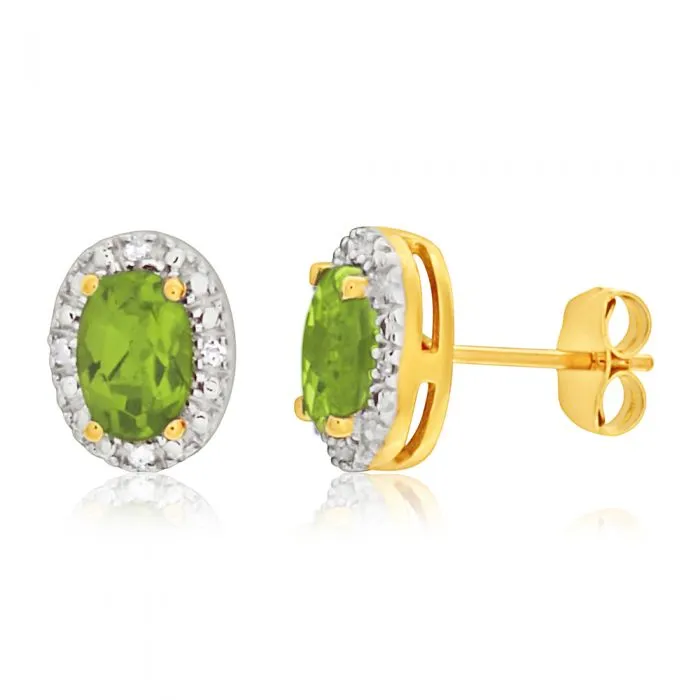 9ct Yellow Gold & White Gold Diamond   Peridot Stud Earrings