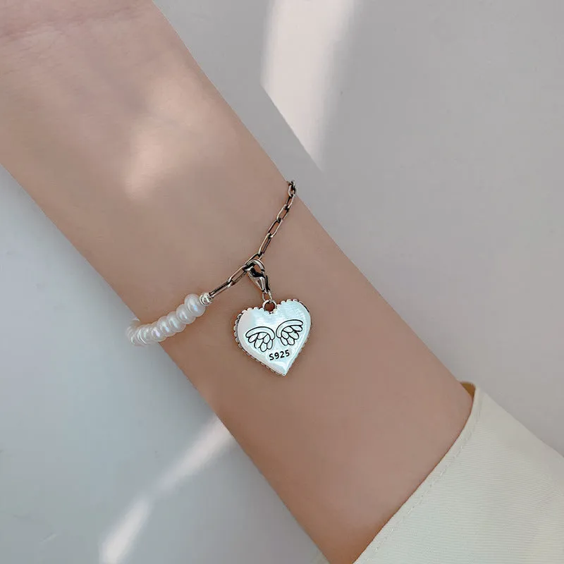 Angel Heart-shaped with Natural Pearl Charm Bracelet