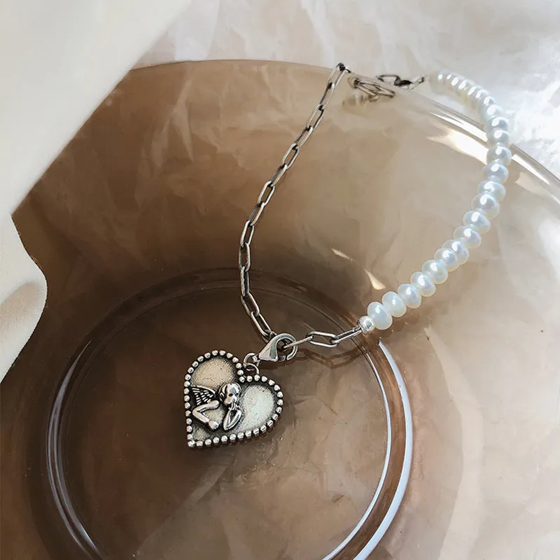 Angel Heart-shaped with Natural Pearl Charm Bracelet