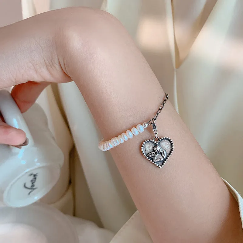 Angel Heart-shaped with Natural Pearl Charm Bracelet