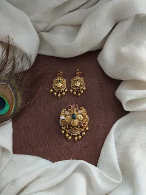 Antique Nakshi/Nagas Pendant Set with Earrings – Peacock & Kasumalai Coin Design