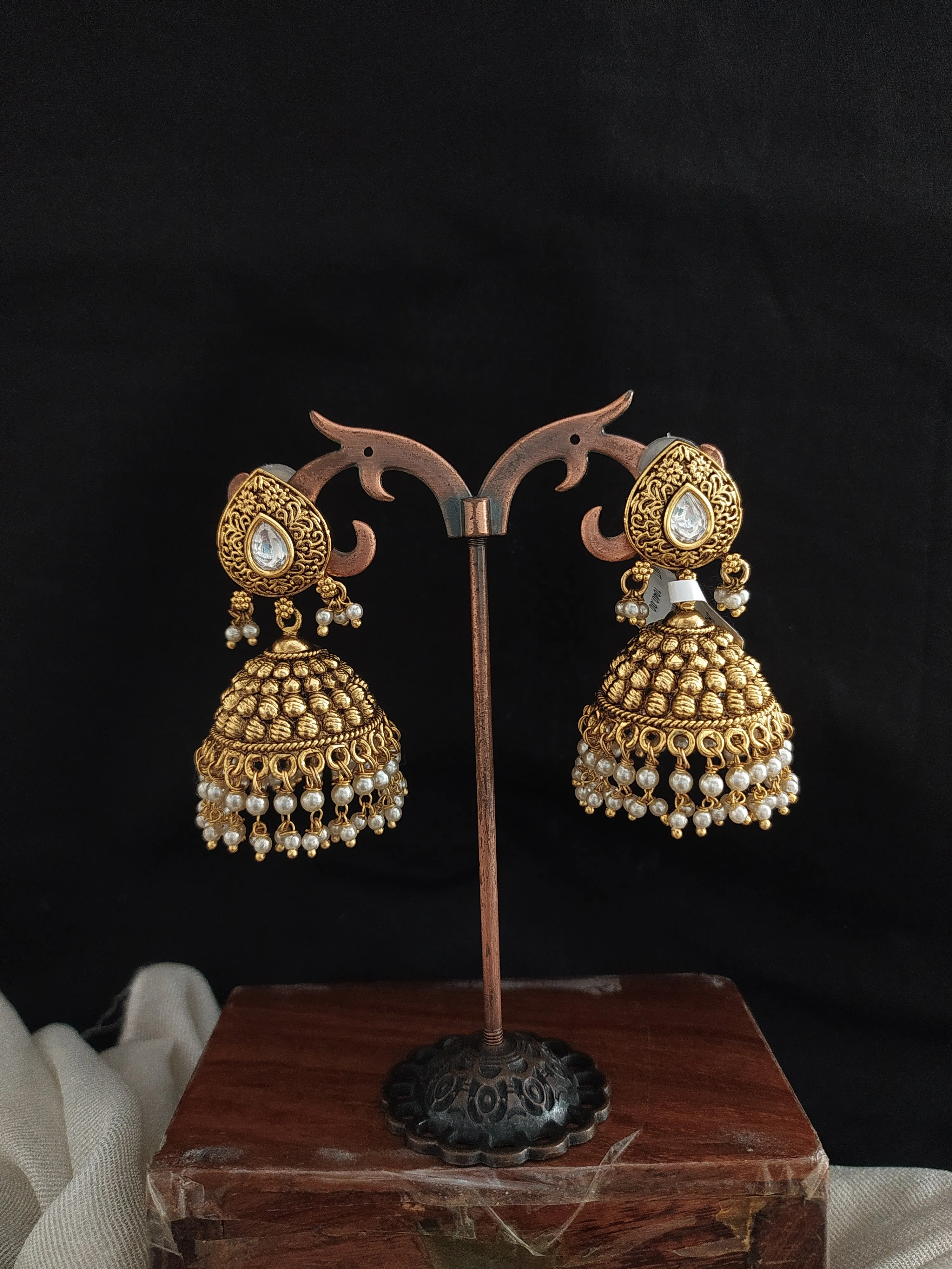 Antique White Kundan Jhumki with Pearl Drops