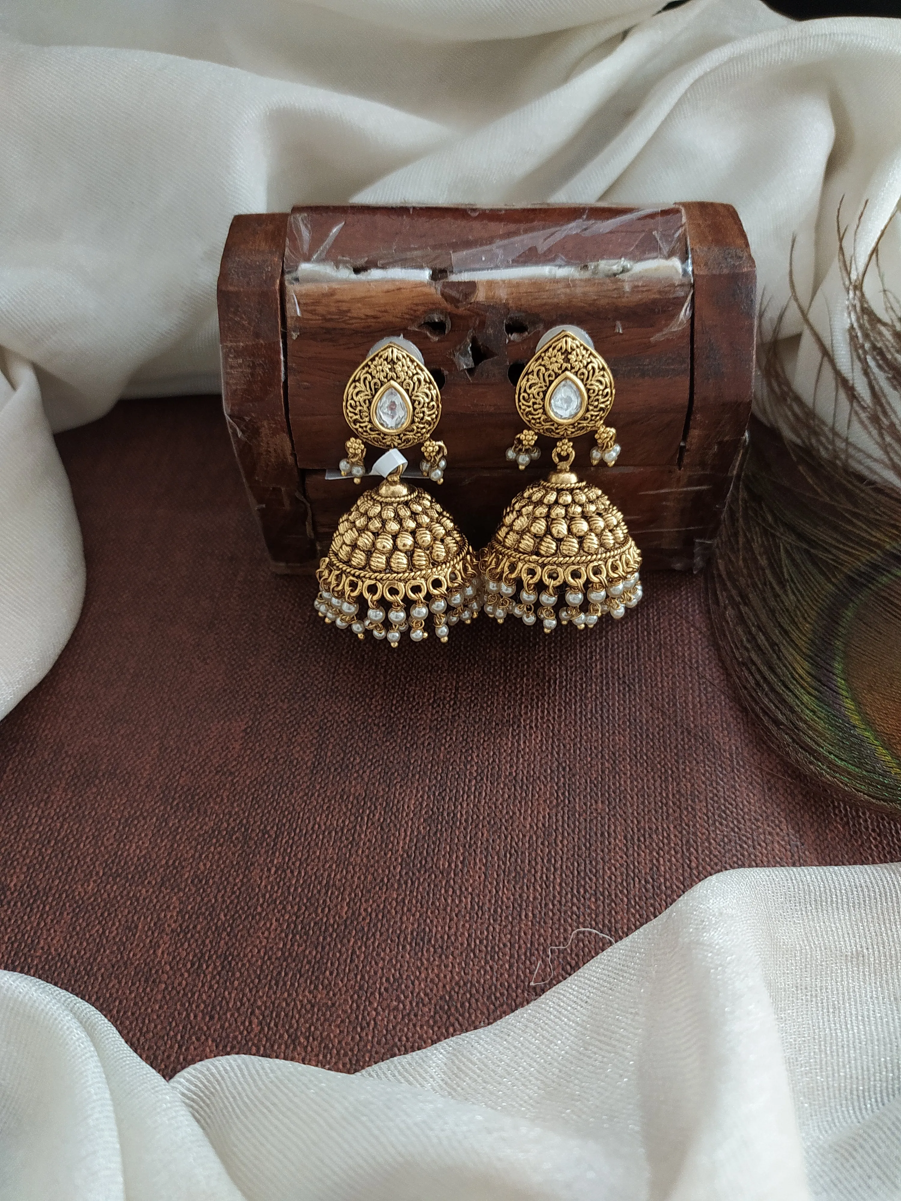 Antique White Kundan Jhumki with Pearl Drops