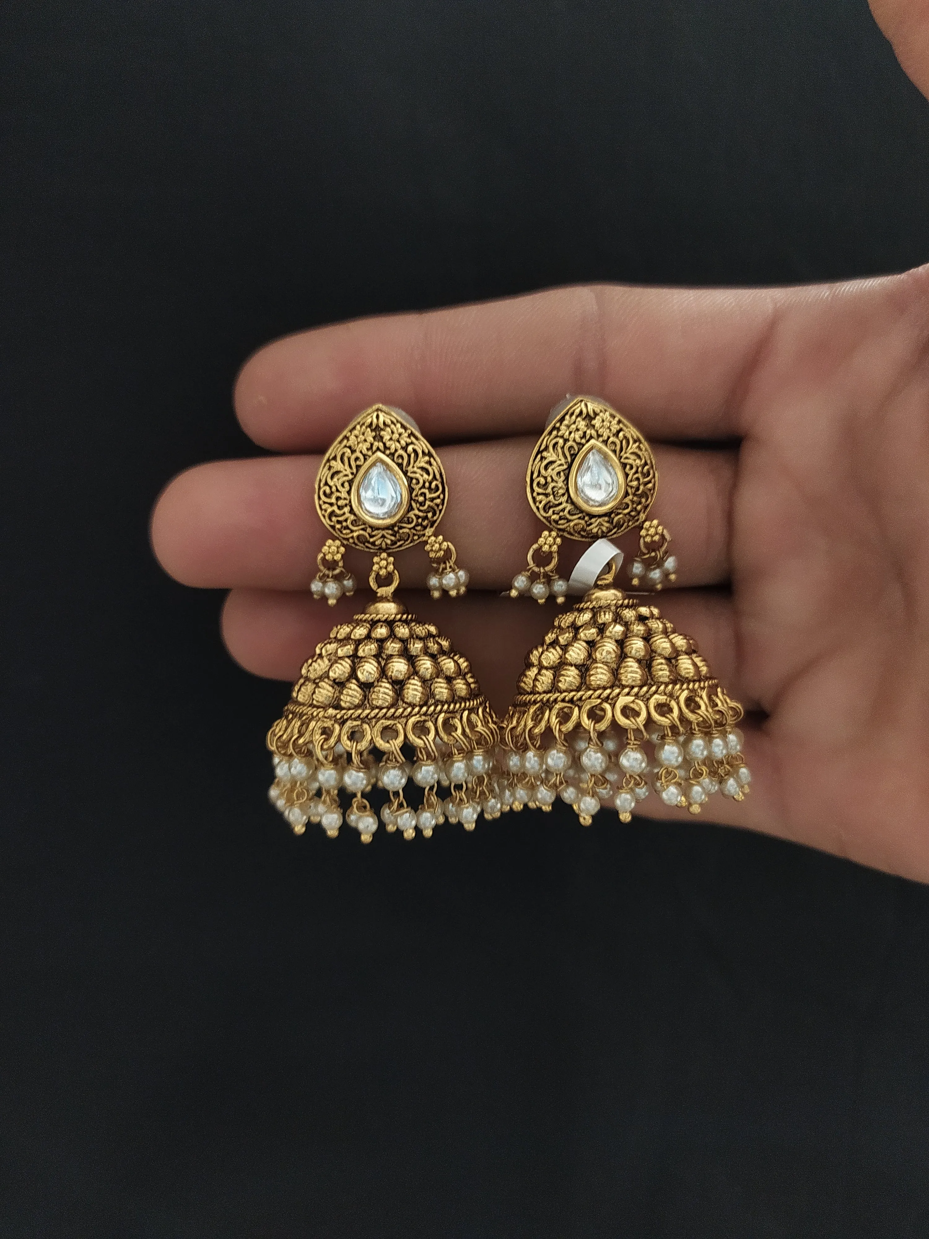 Antique White Kundan Jhumki with Pearl Drops