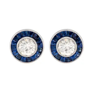 Art Deco Inspired Diamond Sapphire Platinum Target Studs