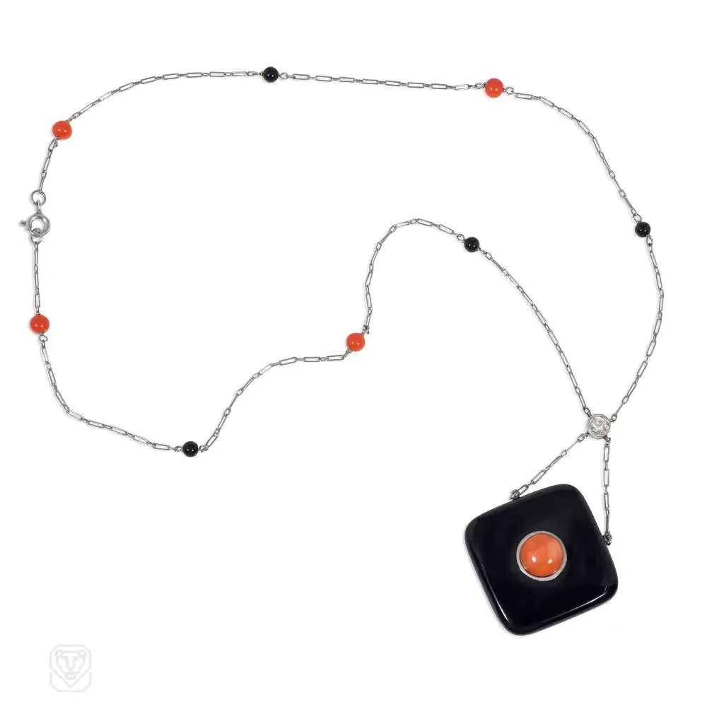 Art Deco onyx, coral, and diamond pendant necklace