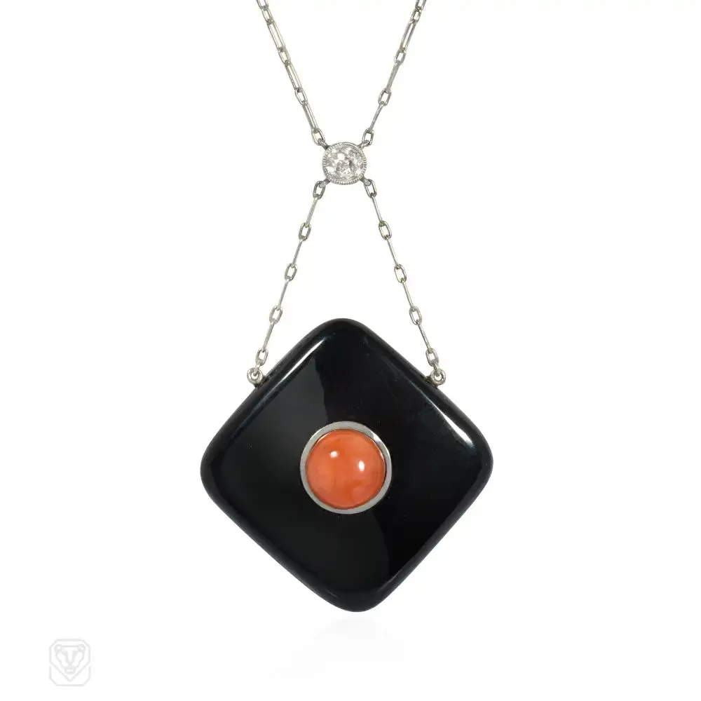 Art Deco onyx, coral, and diamond pendant necklace