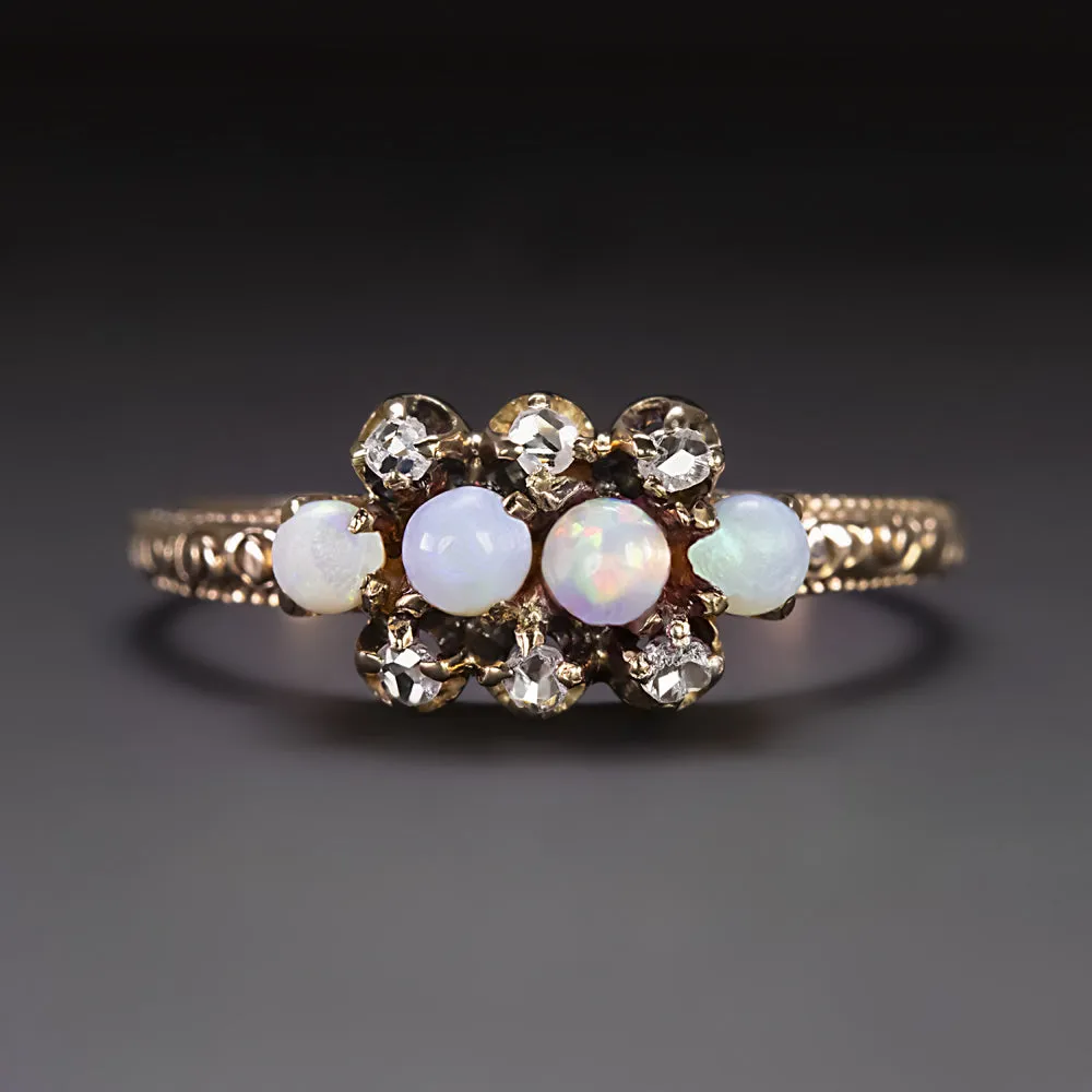 ART NOUVEAU OPAL DIAMOND COCKTAIL RING 14k YELLOW GOLD ANTIQUE CLUSTER ROSE CUT