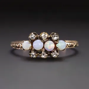 ART NOUVEAU OPAL DIAMOND COCKTAIL RING 14k YELLOW GOLD ANTIQUE CLUSTER ROSE CUT