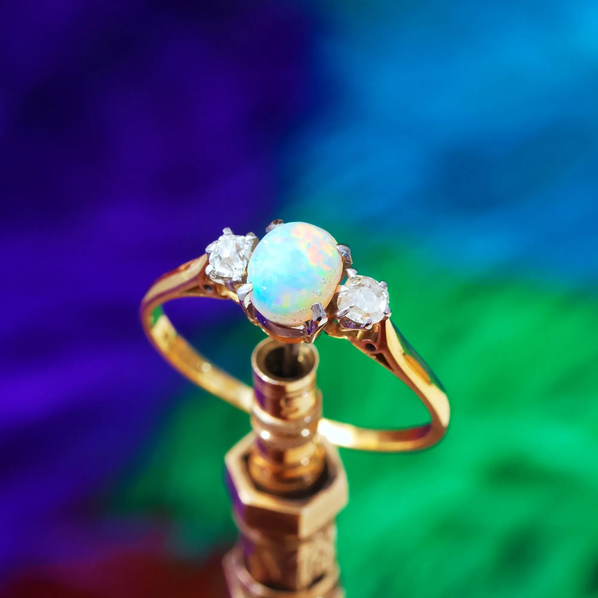 Awesome Vintage Rainbow Opal & Diamond Ring