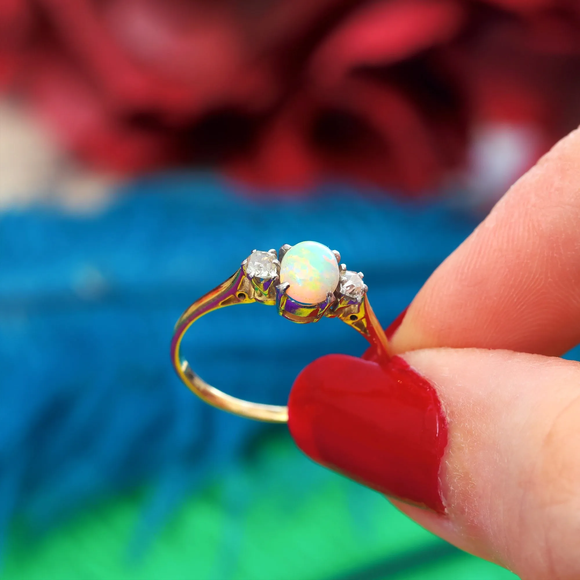 Awesome Vintage Rainbow Opal & Diamond Ring