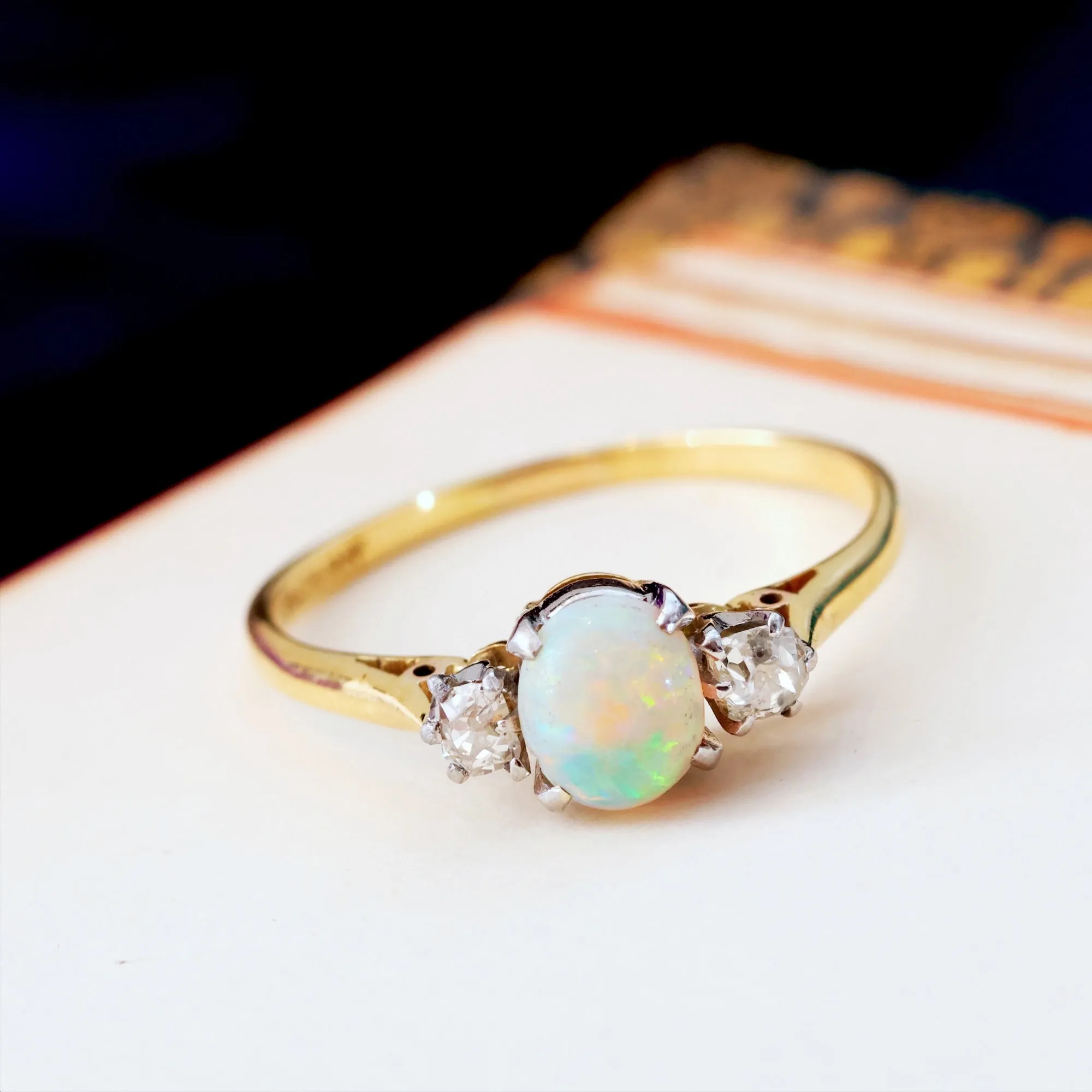 Awesome Vintage Rainbow Opal & Diamond Ring