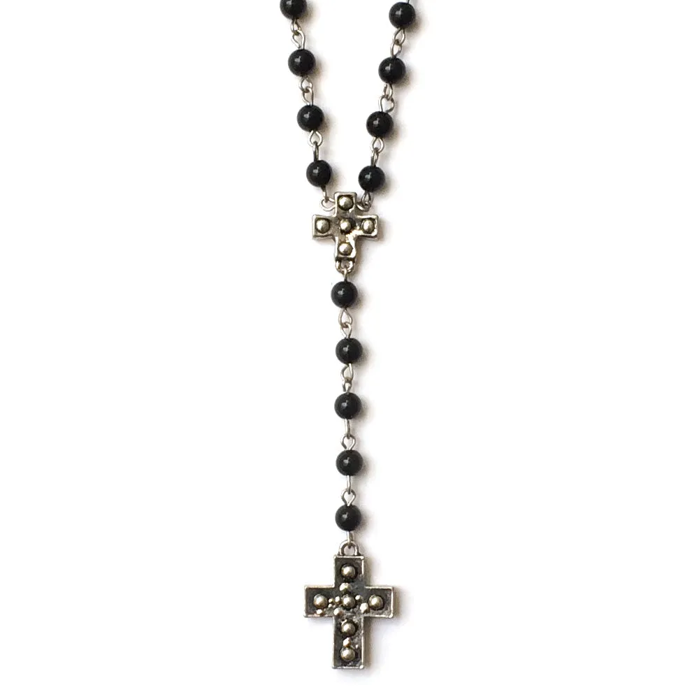 Black Onyx Rosary Necklace With Double Crucifix