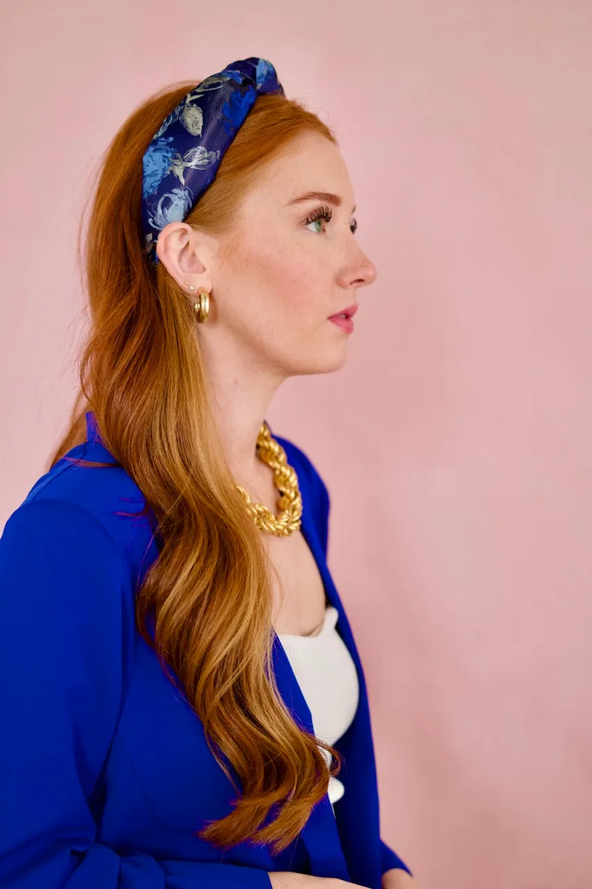 Blue Floral Brocade Knotted Headband