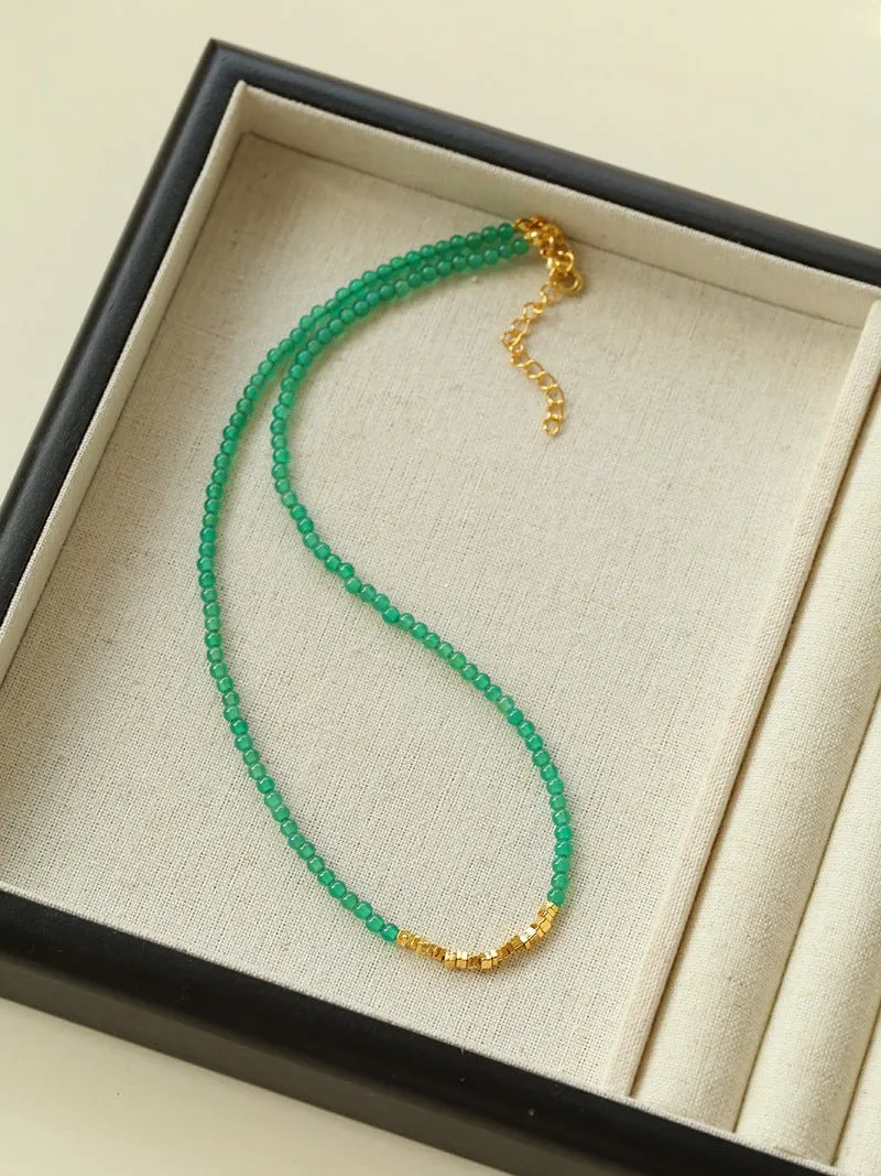 Broken Gold Green Agate Beaded Necklace