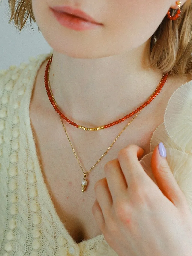 Broken Gold Red  Agate Beaded Necklace