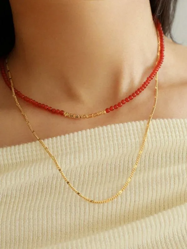 Broken Gold Red  Agate Beaded Necklace