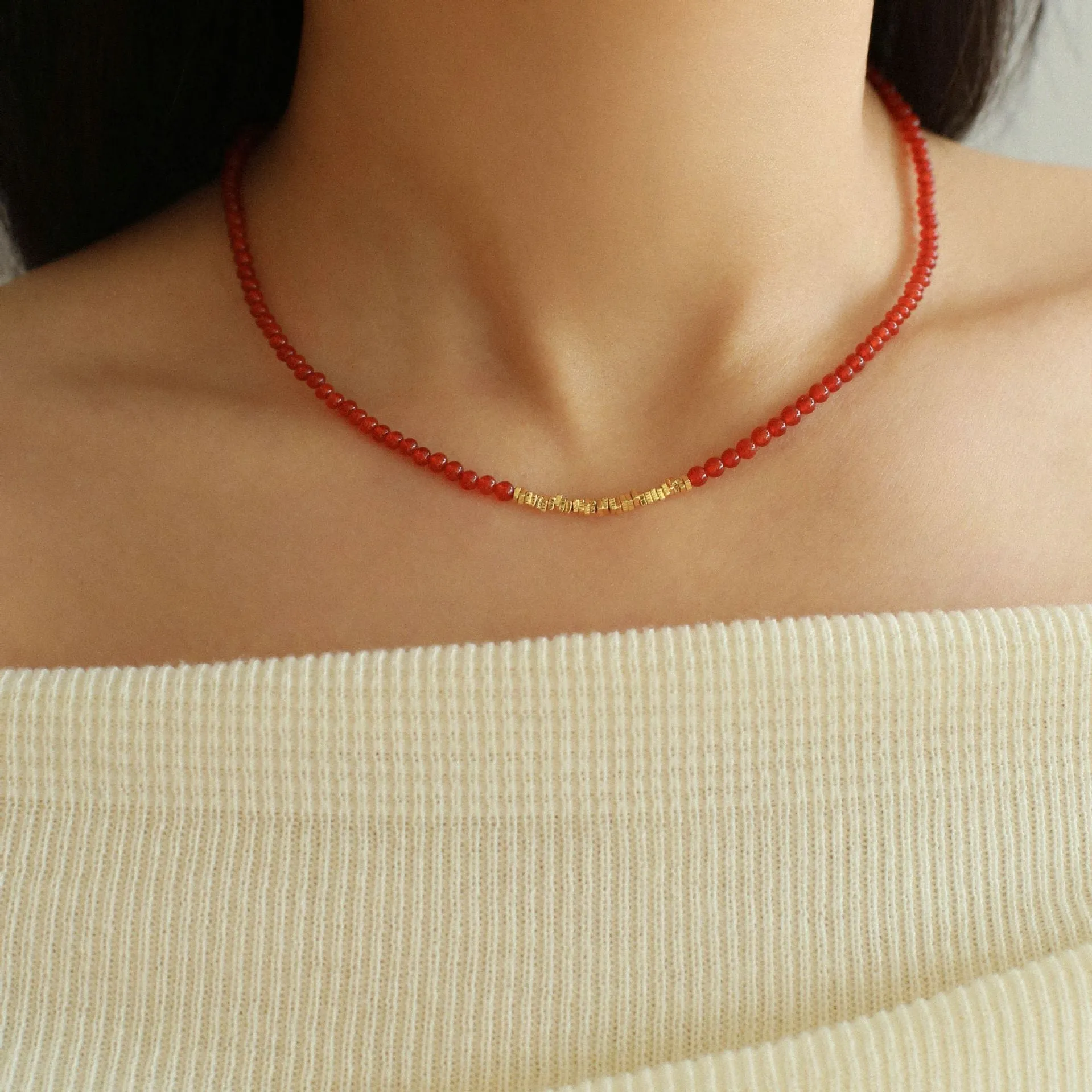 Broken Gold Red  Agate Beaded Necklace