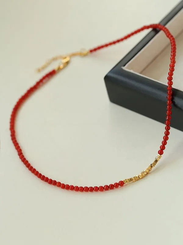 Broken Gold Red  Agate Beaded Necklace