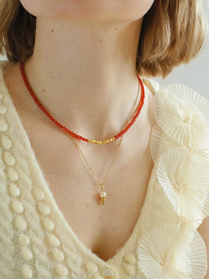 Broken Gold Red  Agate Beaded Necklace