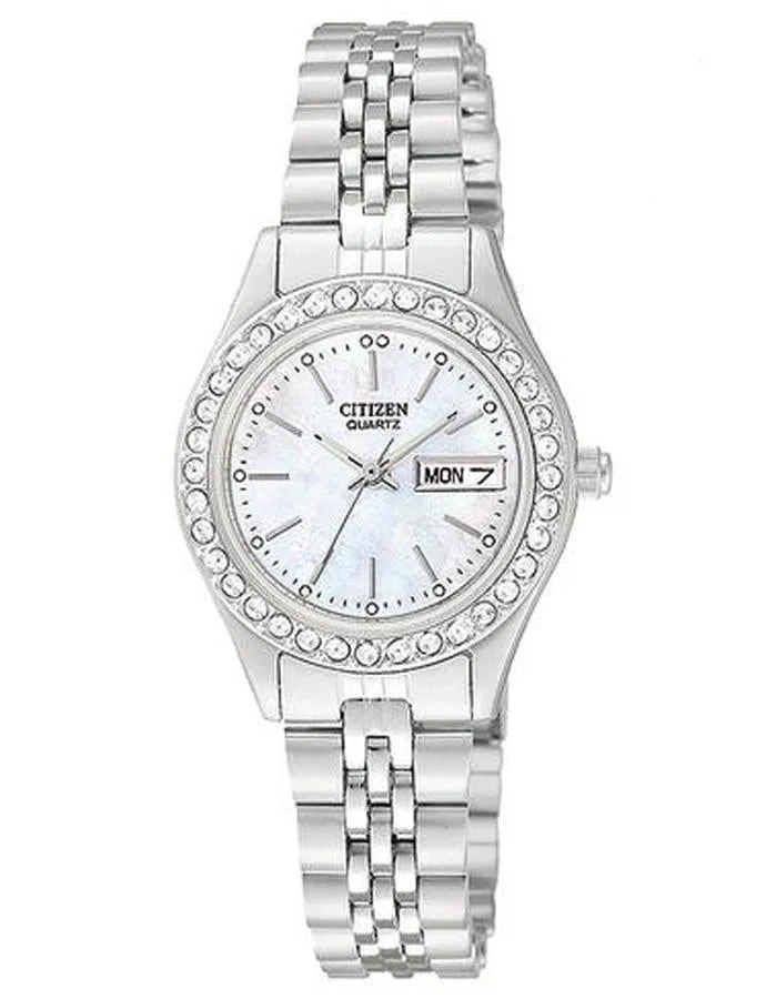 Citizen Quartz Swarovski Crystal Day/Date Ladies Watch - MOP Dial - Stainless