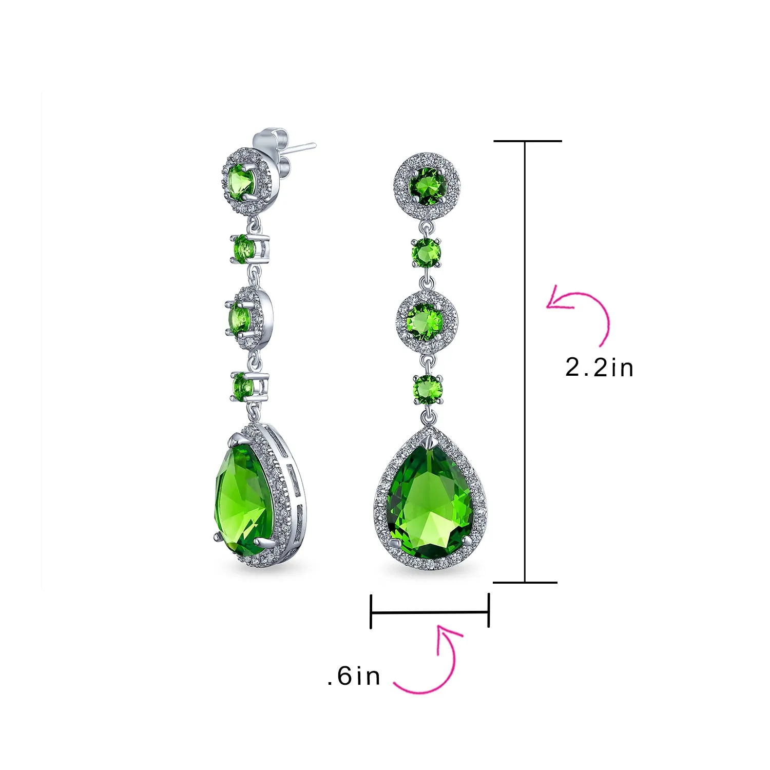 Classic Bridal Triple Round Pave Green CZ Dangle Chandelier Earrings GoldSilver