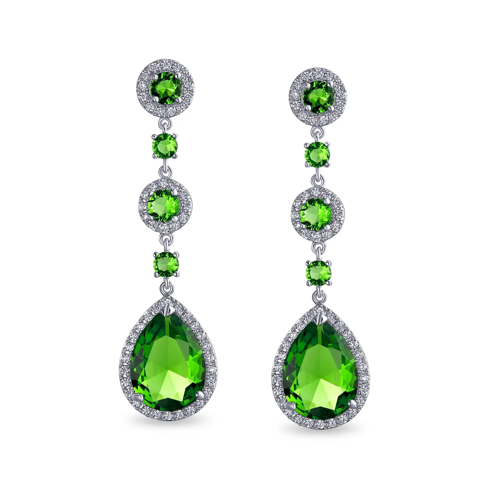 Classic Bridal Triple Round Pave Green CZ Dangle Chandelier Earrings GoldSilver