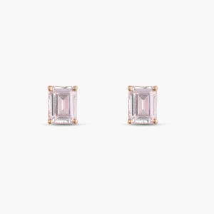 Classic Emerald cut Solitaire Silver Stud Earrings, Medium