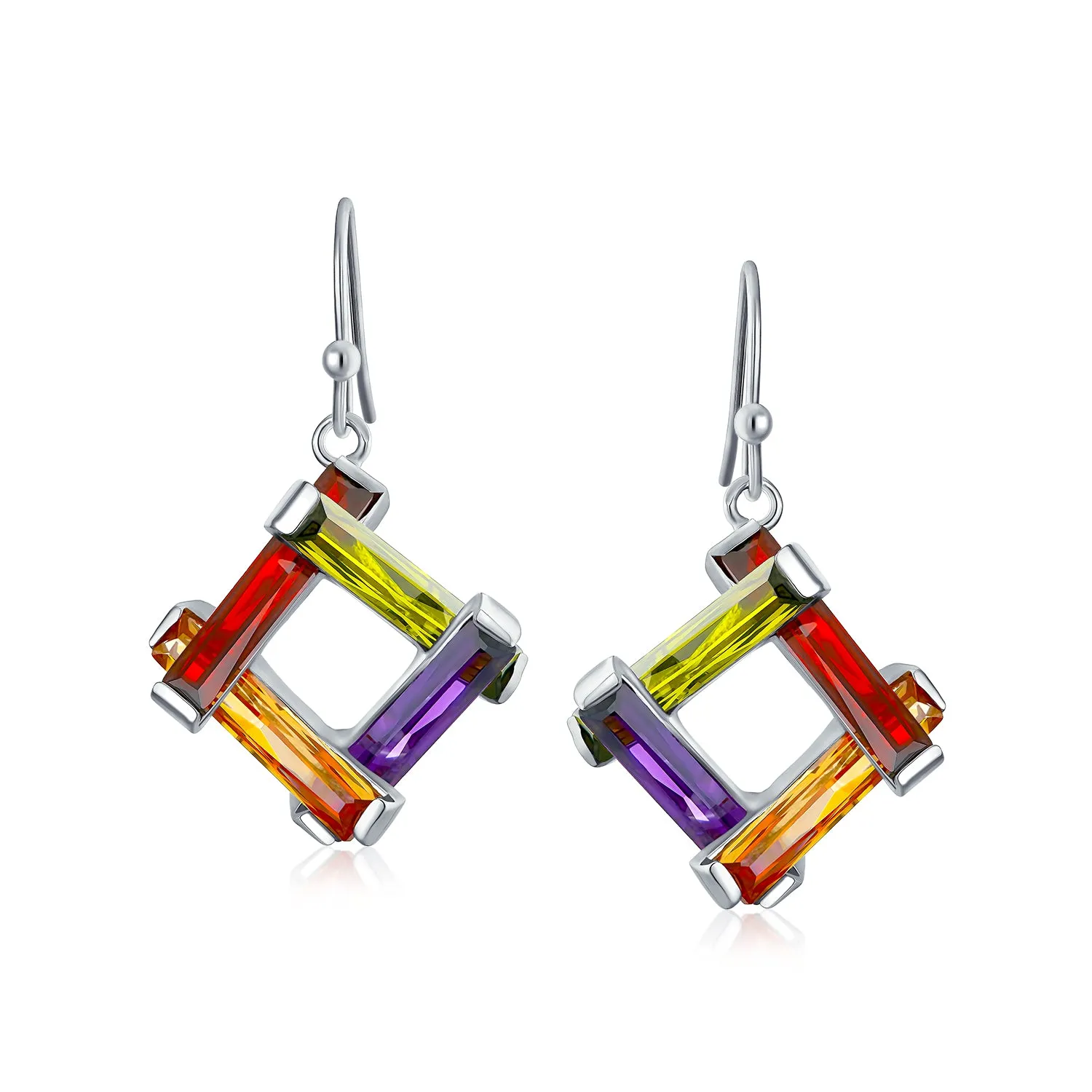 Colorful Geometric Dangle Chandelier Earrings with Multicolor CZ Bars Silver Plated