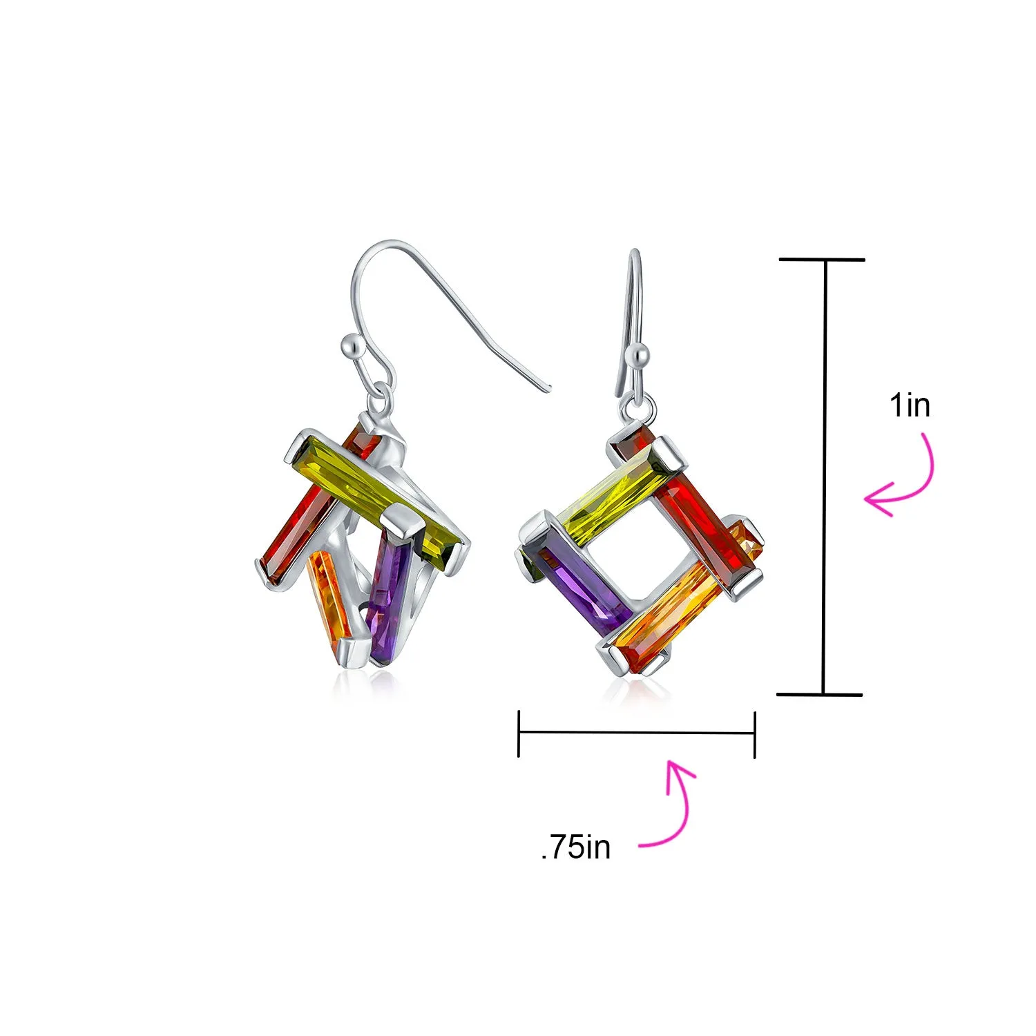 Colorful Geometric Dangle Chandelier Earrings with Multicolor CZ Bars Silver Plated