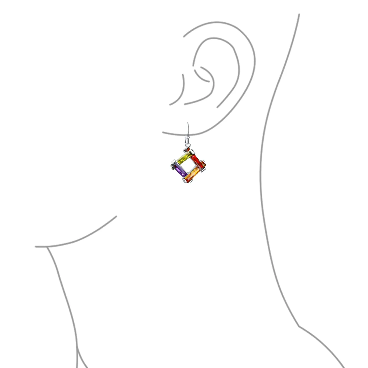 Colorful Geometric Dangle Chandelier Earrings with Multicolor CZ Bars Silver Plated