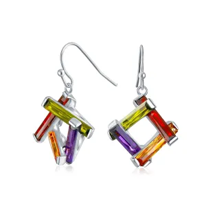 Colorful Geometric Dangle Chandelier Earrings with Multicolor CZ Bars Silver Plated